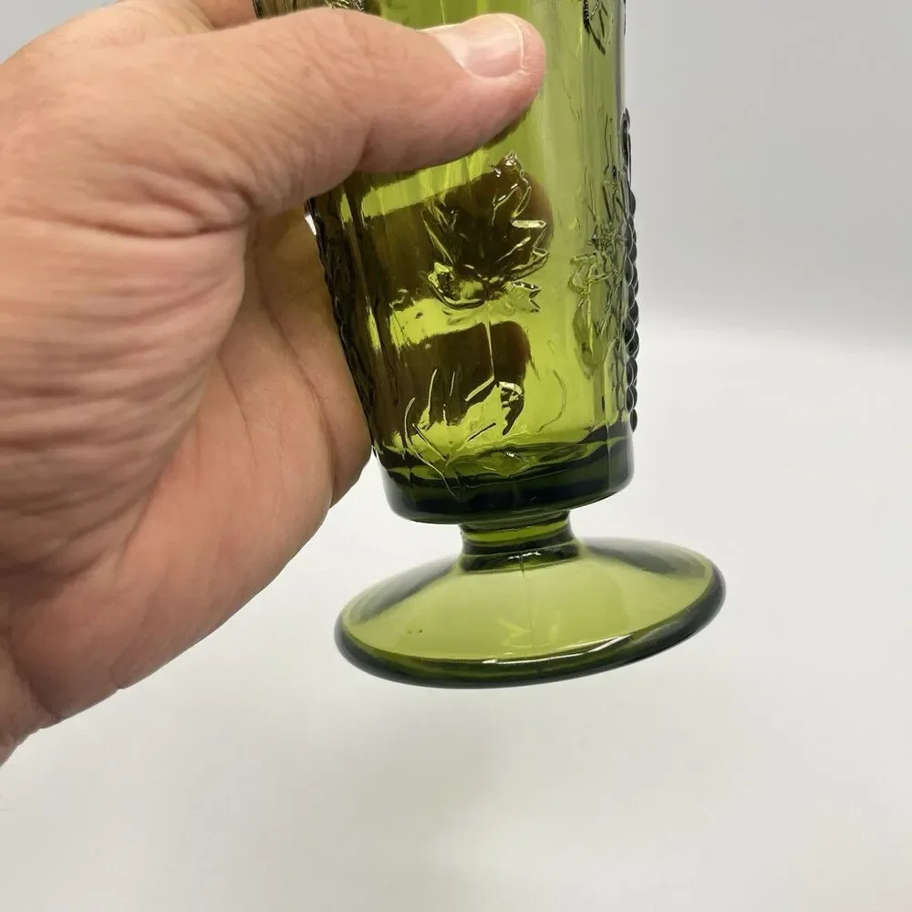 Vintage Indiana Glass Tall Footed Vase Harvest Grape Colony Green 9.75